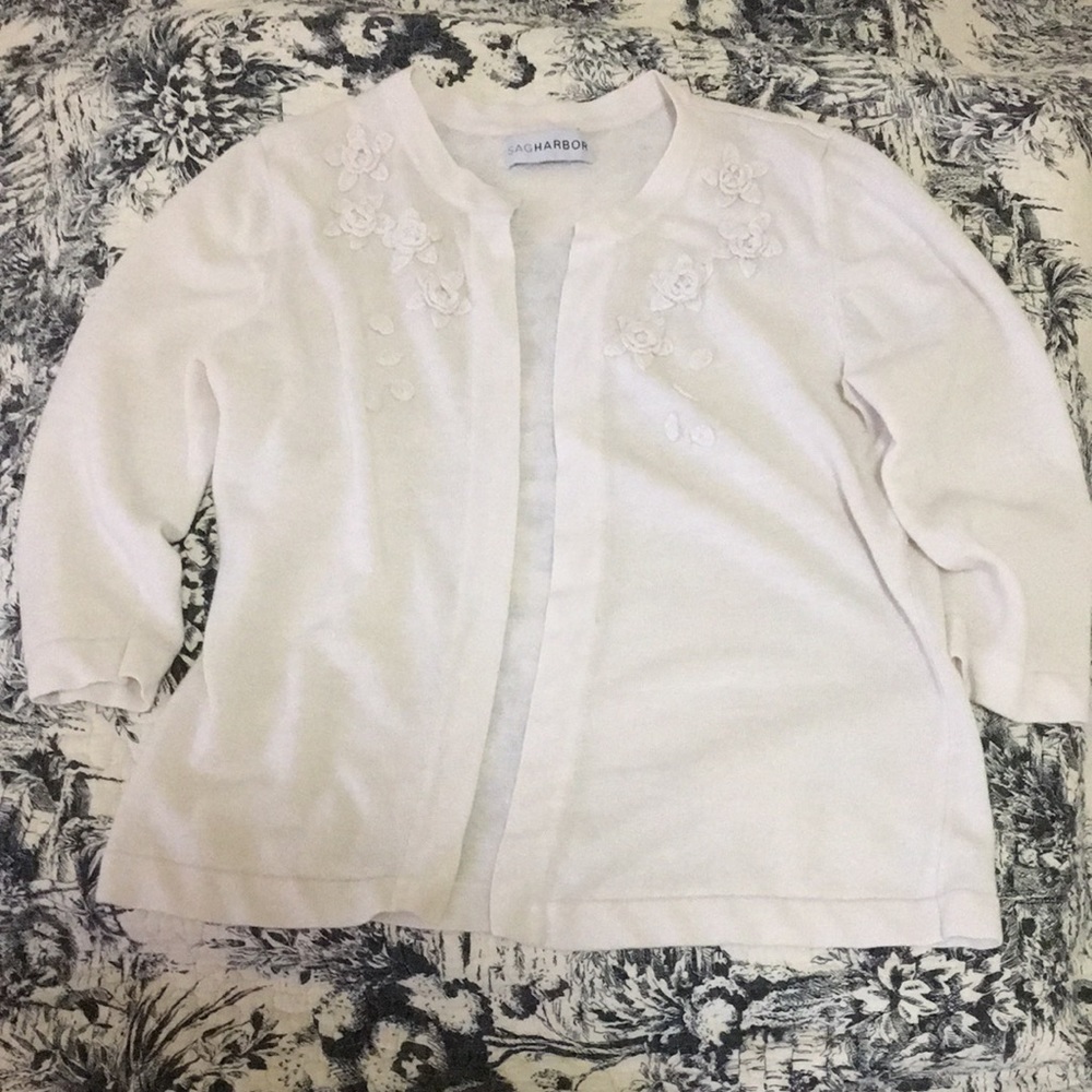 Sag Harbor cardigan sweater 3/4 length sleeves buttonless cream med Vintage